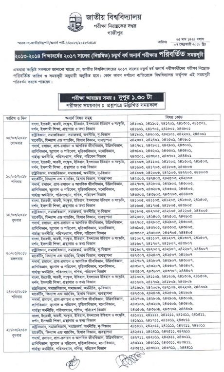 জাতীয় বিশ্ববিদ্যালয়ের ২০১৭ সালের অনার্স ৪র্থ বর্ষ পরীক্ষার পরিবর্তিত সময়সূচী