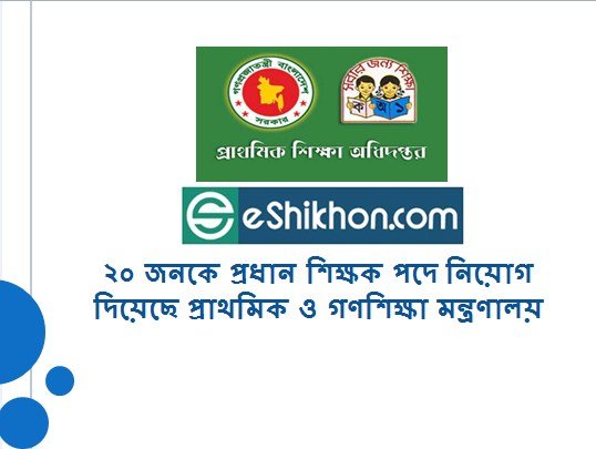 ২০ জনকে প্রধান শিক্ষক পদে নিয়োগ দিয়েছে প্রাথমিক ও গণশিক্ষা মন্ত্রণালয়