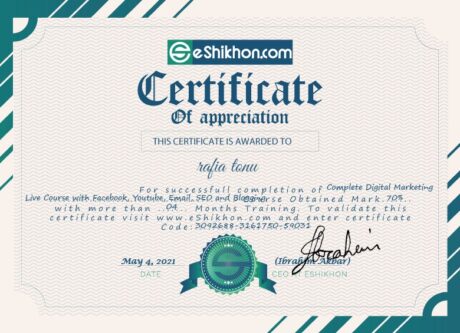 Certificate for User rafia tonu