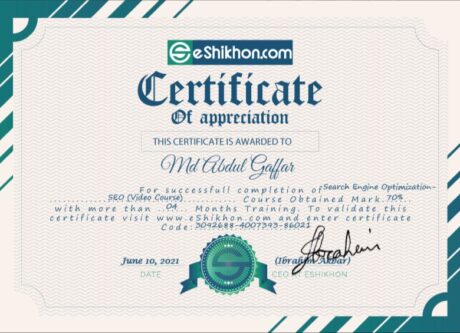 Certificate for User Md Abdul Gaffar
