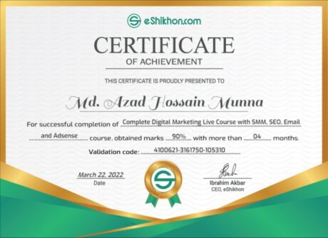 Certificate for User Md. Azad Hossain Munna
