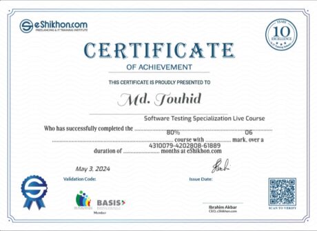 Certificate for User Md. Touhid