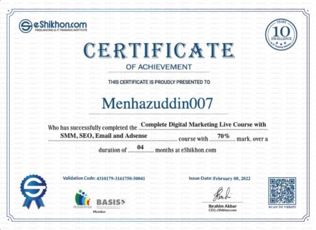 Certificate for User menhazuddin007