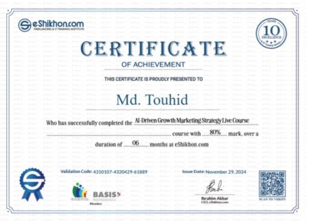 ব্যবহারকারী Md. Touhid এর জন্য শংসাপত্র